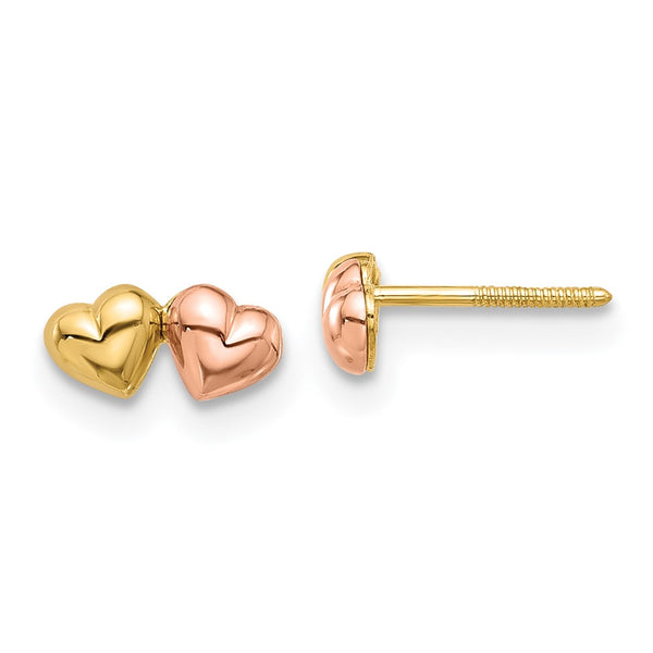 14K Two-Tone Double Heart Screwback Earrings