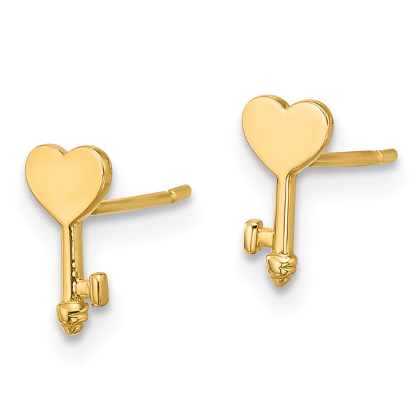 14K Gold Polished Heart Key Stud Earrings