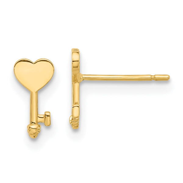 14K Gold Polished Heart Key Stud Earrings