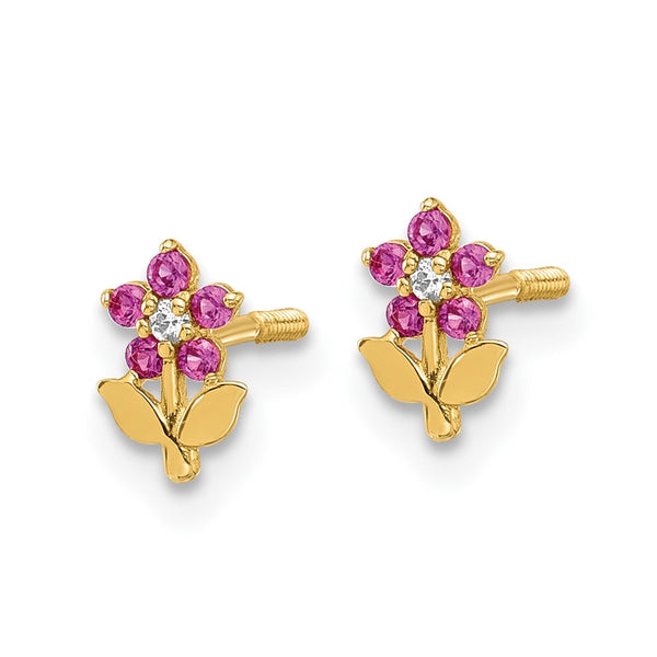 14K Gold Polished Flower Earrings with Dark Pink & White CZ