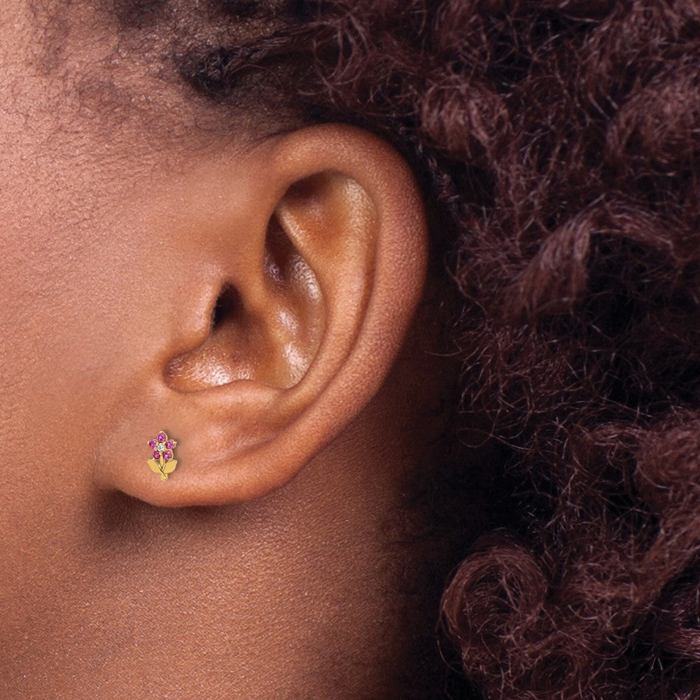 Shop Stylish 14K Gold Polished Flower Earrings with Dark Pink & White CZ