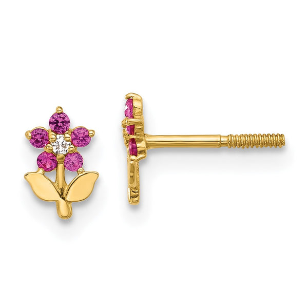 14K Gold Polished Flower Earrings with Dark Pink & White CZ