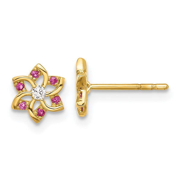 14K Gold Floral Stud Earrings with Red & White Cubic Zirconia