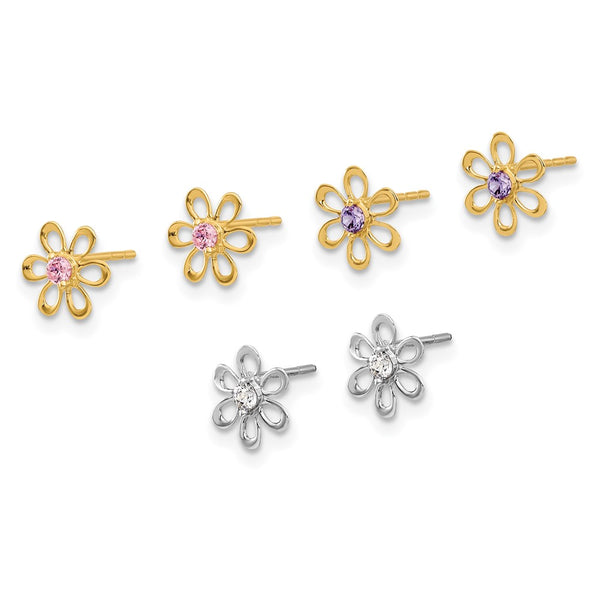 14K Yellow & White Gold Floral Stud Earrings Set - Multi-Color CZ