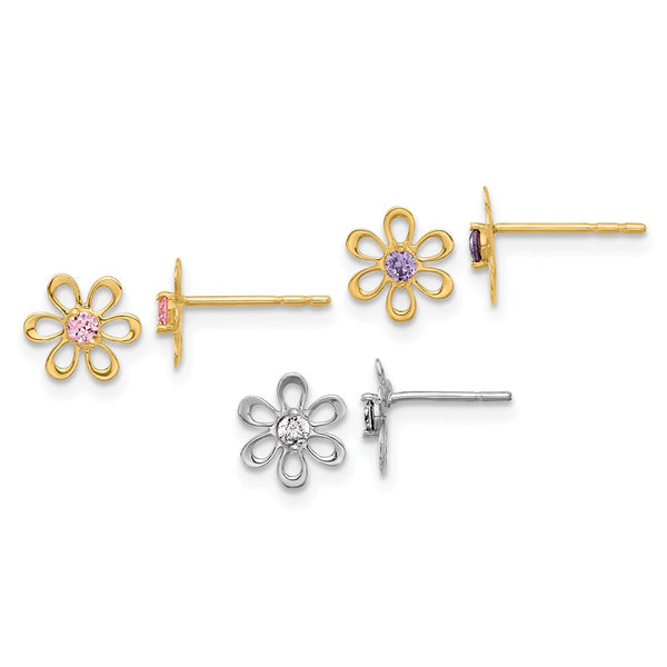 14K Yellow & White Gold Floral Stud Earrings Set - Multi-Color CZ