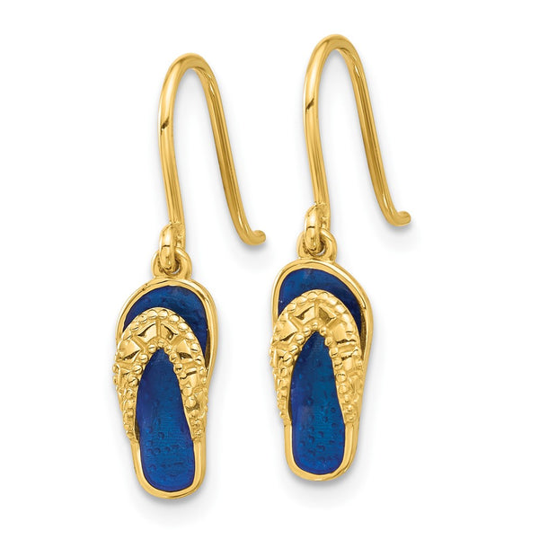 14K Gold Flip Flop Dangle Earrings with Blue Enamel