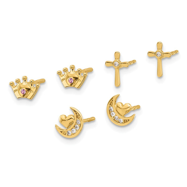 14K Gold Polished CZ Moon, Cross Crown Earring Set