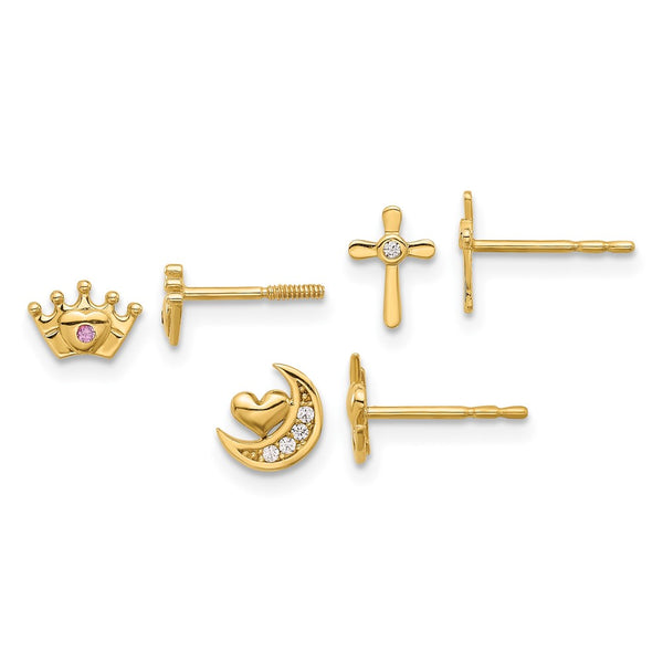 14K Gold Polished CZ Moon, Cross Crown Earring Set