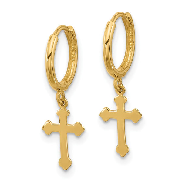 14K Gold Hinged Cross Dangle Hoop Earrings