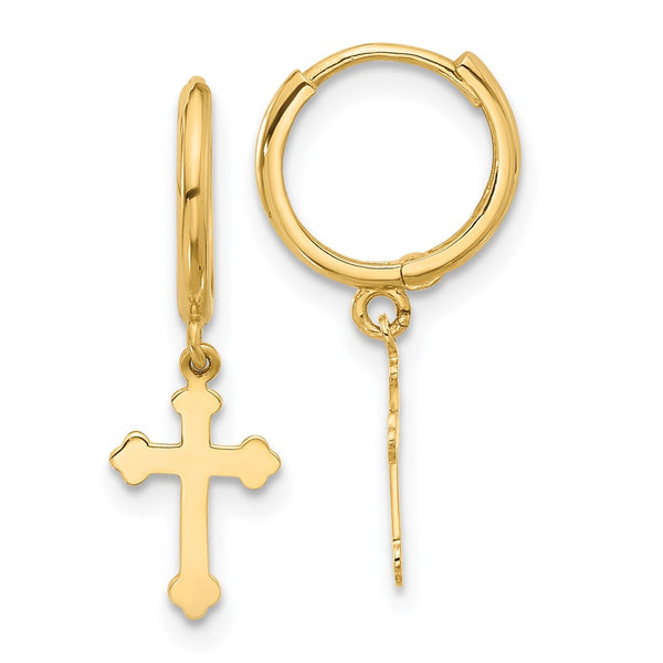 14K Gold Hinged Cross Dangle Hoop Earrings