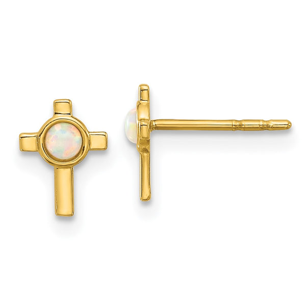 14K Gold Created Opal Cross Stud Earrings