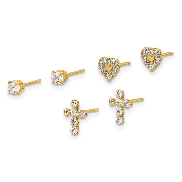 14K Gold Polished CZ Earring Set - Cross, Heart, Studs