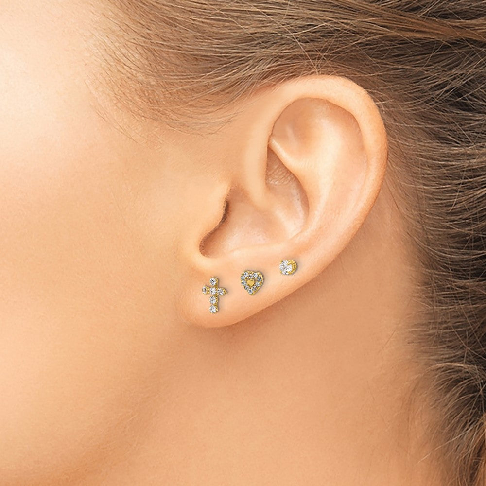 Shop 14K Gold Polished CZ Earring Set - Stylish Cross, Heart, & Studs