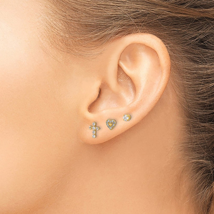Shop 14K Gold Polished CZ Earring Set - Stylish Cross, Heart, & Studs-3