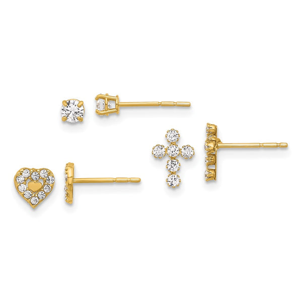 14K Gold Polished CZ Earring Set - Cross, Heart, Studs