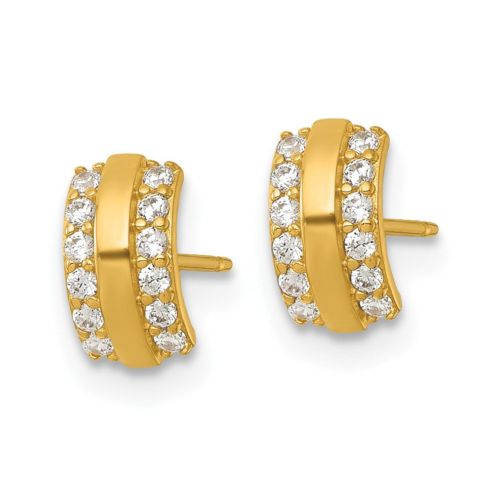 High-Quality 14K Gold CZ Stud Earrings | Stylish Polished Curved Bar Design
