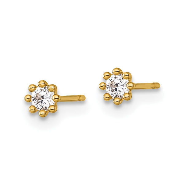 14K Gold Polished Beaded Round CZ Stud Earrings