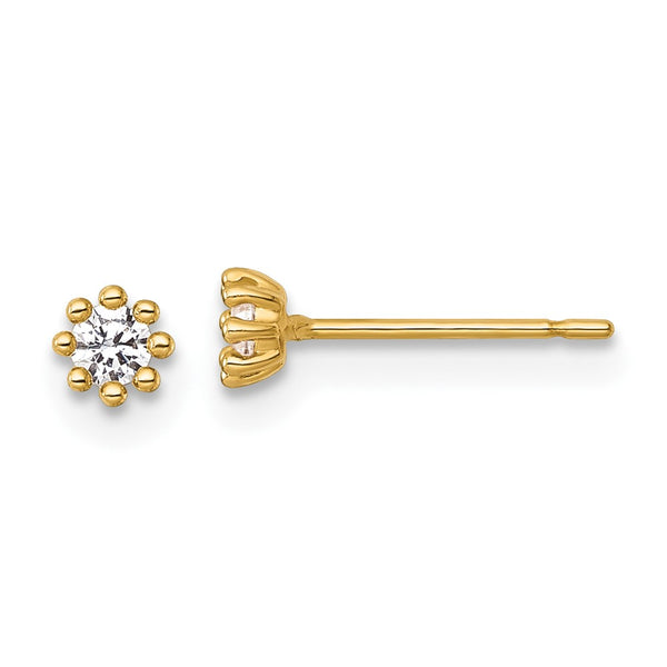 14K Gold Polished Beaded Round CZ Stud Earrings