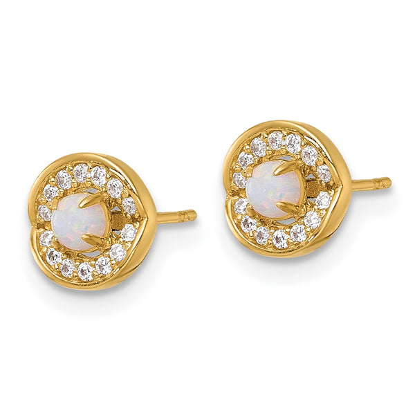 14K Gold Polished Opal & CZ Halo Stud Earrings