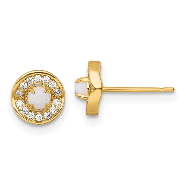 14K Gold Polished Opal & CZ Halo Stud Earrings