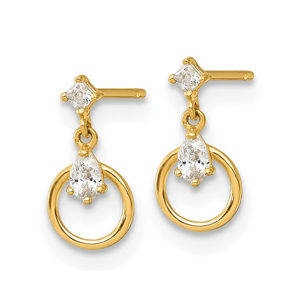 14K Gold Polished CZ Circle Doorknocker Dangle Earrings