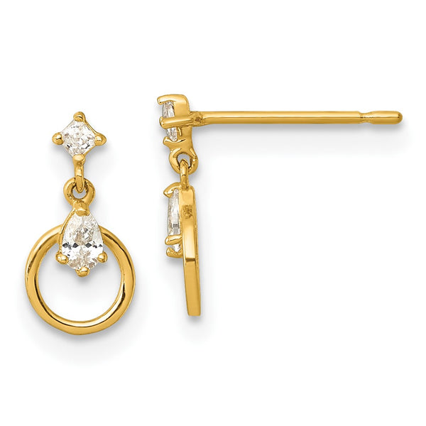 14K Gold Polished CZ Circle Doorknocker Dangle Earrings