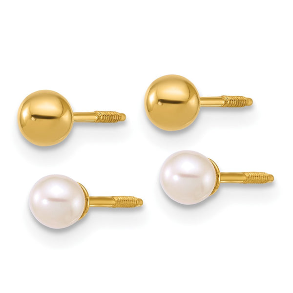 14K Gold Polished 4mm Ball & 3-4mm Pearl Earrings - Set 2 Pairs