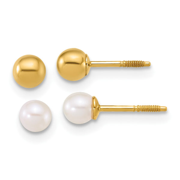14K Gold Polished 4mm Ball & 3-4mm Pearl Earrings - Set 2 Pairs