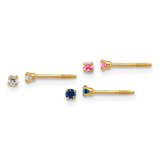 High-Quality 14K Gold 2mm CZ Screwback Earrings - Stylish Set of 3 Pairs
