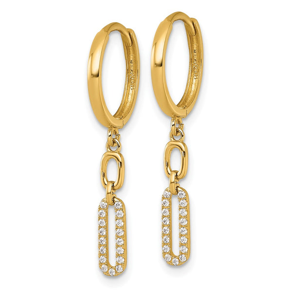 14K Gold Polished CZ Long Link Dangle Hoop Earrings