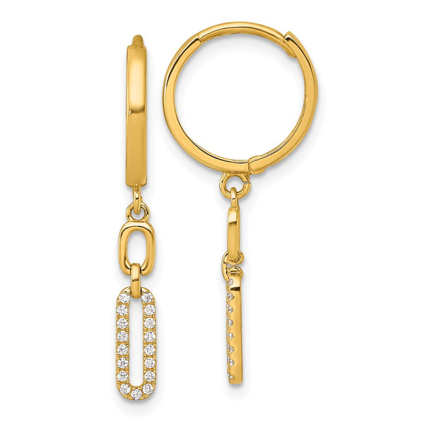 14K Gold Polished CZ Long Link Dangle Hoop Earrings