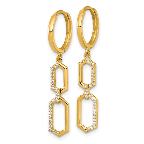 14K Gold Polished Fancy CZ Hexagon Dangle Hoop Earrings