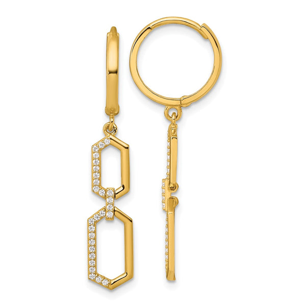 14K Gold Polished Fancy CZ Hexagon Dangle Hoop Earrings