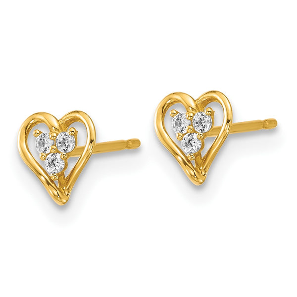 14K Gold Polished Open Heart Earrings with 3 CZ Stones