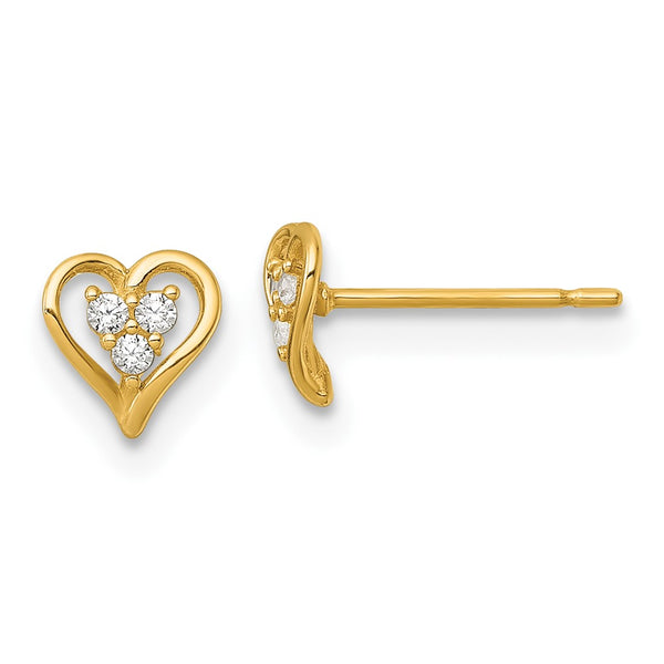 14K Gold Polished Open Heart Earrings with 3 CZ Stones