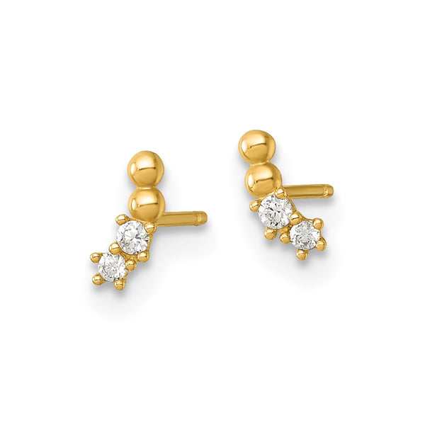 14K Gold Polished Curved Post Earrings with Beaded CZ Accents
