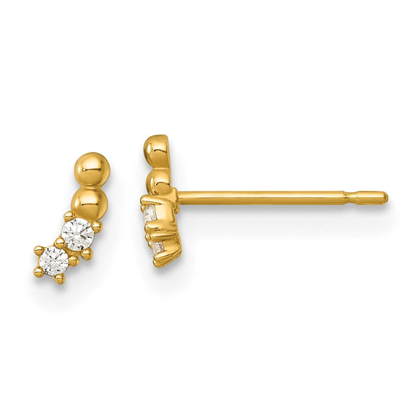 14K Gold Polished Curved Post Earrings with Beaded CZ Accents