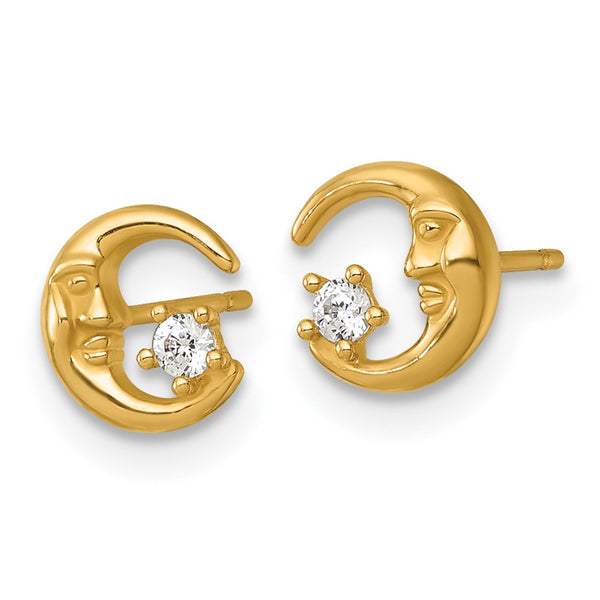 14K Gold Polished Moon and Star CZ Stud Earrings