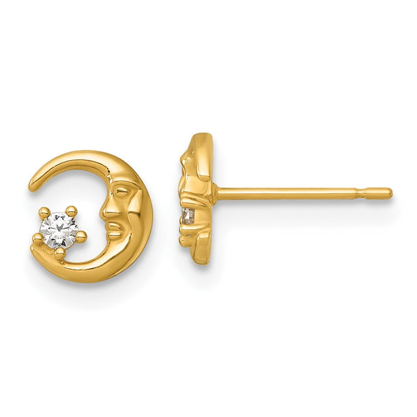 14K Gold Polished Moon and Star CZ Stud Earrings