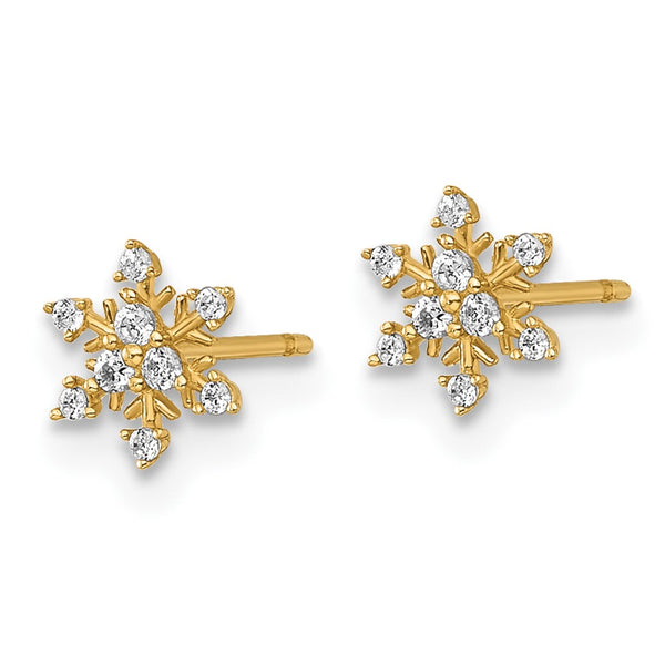 14K Gold Polished Snowflake CZ Stud Earrings