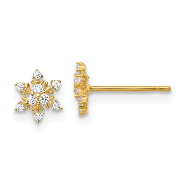 14K Gold Polished Snowflake CZ Stud Earrings