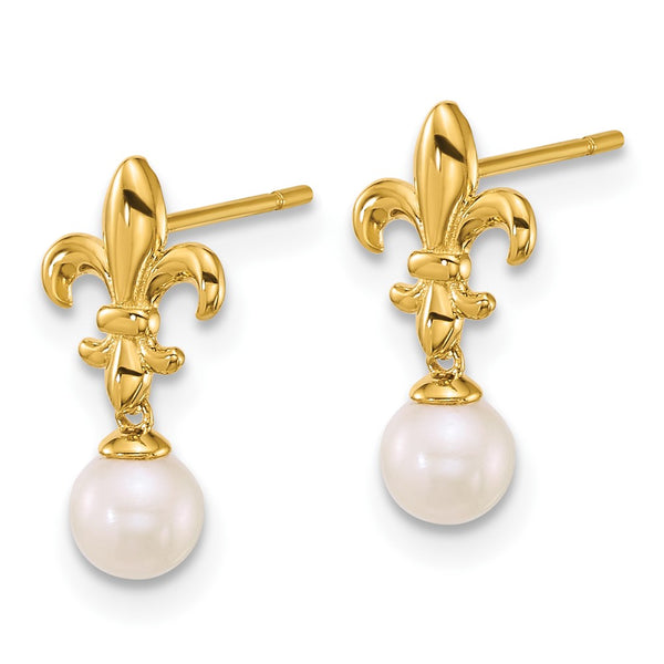 14K Gold Polished Fleur de Lis Earrings with 3-4mm Pearls