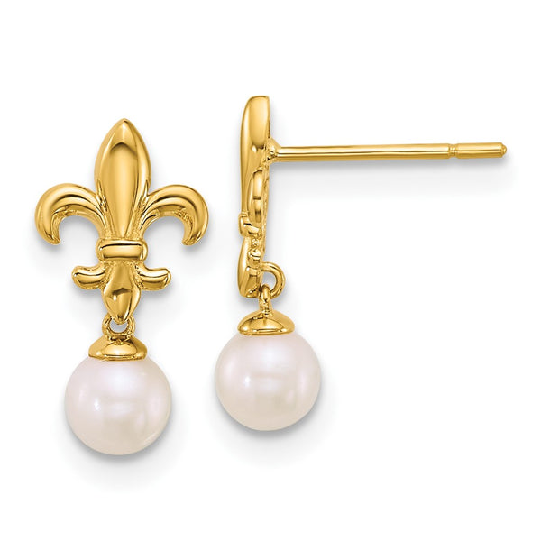 14K Gold Polished Fleur de Lis Earrings with 3-4mm Pearls