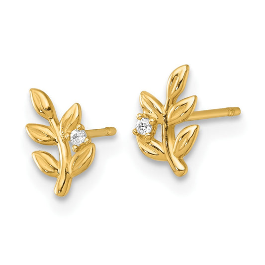 Buy 14K Gold Polished Leaf Stud Earrings with Cubic Zirconia - Affordable Luxury