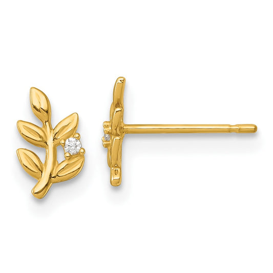 Buy 14K Gold Polished Leaf Stud Earrings with Cubic Zirconia - Affordable Luxury