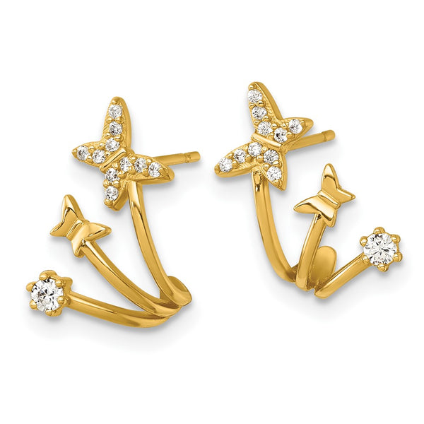 14K Gold Polished Double Butterfly CZ Stud Earrings