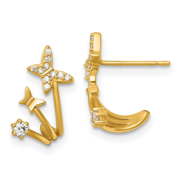 14K Gold Polished Double Butterfly CZ Stud Earrings