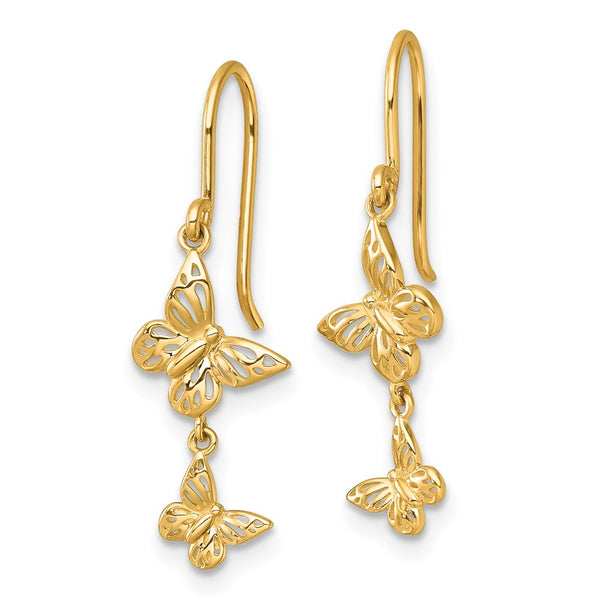 14K Gold Double Butterfly Dangle Earrings