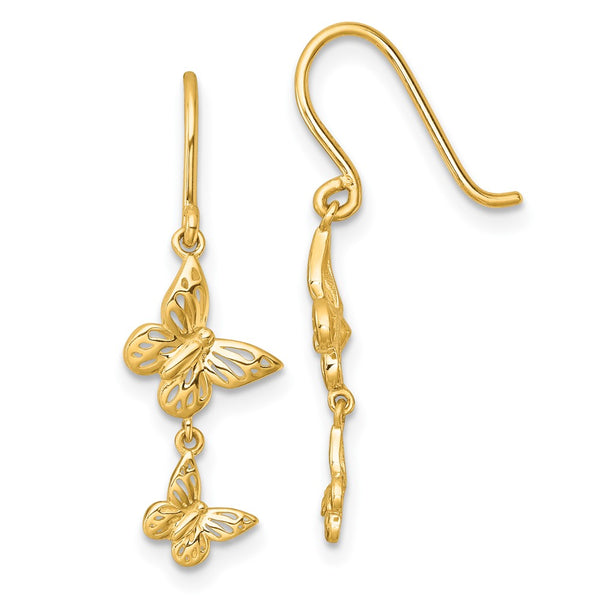 14K Gold Double Butterfly Dangle Earrings