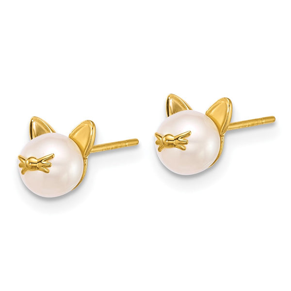 14K Gold Polished Freshwater Cultured Pearl Cat Stud Earrings